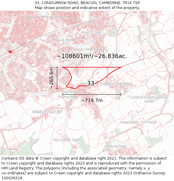 33, CONDURROW ROAD, BEACON, CAMBORNE, TR14 7SP: Plot and title map
