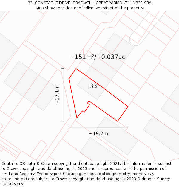 33, CONSTABLE DRIVE, BRADWELL, GREAT YARMOUTH, NR31 9RA: Plot and title map