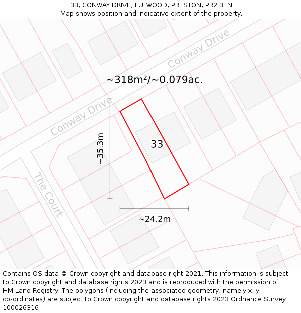 33, CONWAY DRIVE, FULWOOD, PRESTON, PR2 3EN: Plot and title map