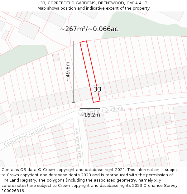 33, COPPERFIELD GARDENS, BRENTWOOD, CM14 4UB: Plot and title map