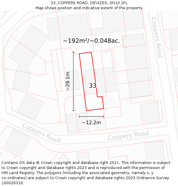33, COPPERS ROAD, DEVIZES, SN10 2FL: Plot and title map