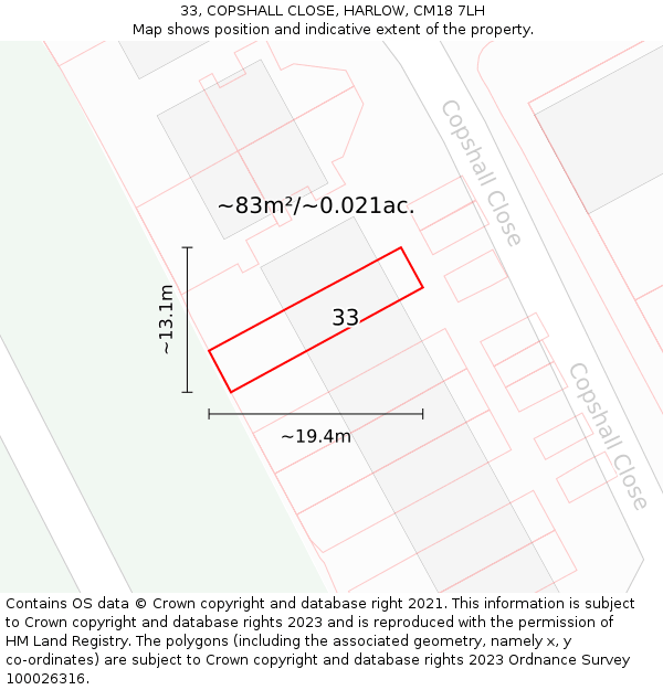 33, COPSHALL CLOSE, HARLOW, CM18 7LH: Plot and title map