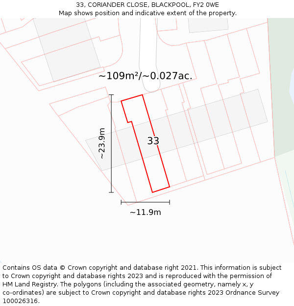 33, CORIANDER CLOSE, BLACKPOOL, FY2 0WE: Plot and title map