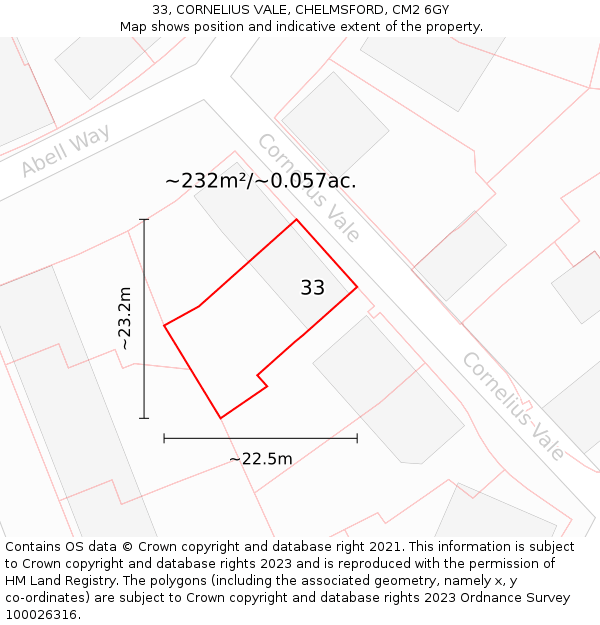 33, CORNELIUS VALE, CHELMSFORD, CM2 6GY: Plot and title map
