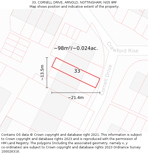 33, CORNELL DRIVE, ARNOLD, NOTTINGHAM, NG5 8RF: Plot and title map