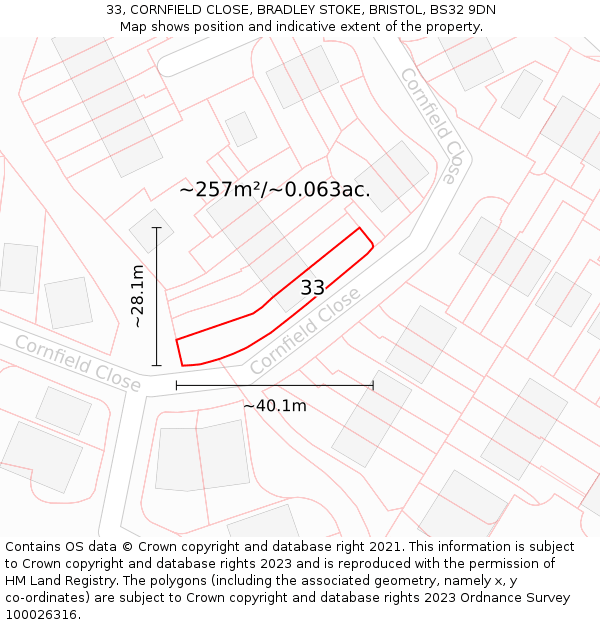 33, CORNFIELD CLOSE, BRADLEY STOKE, BRISTOL, BS32 9DN: Plot and title map