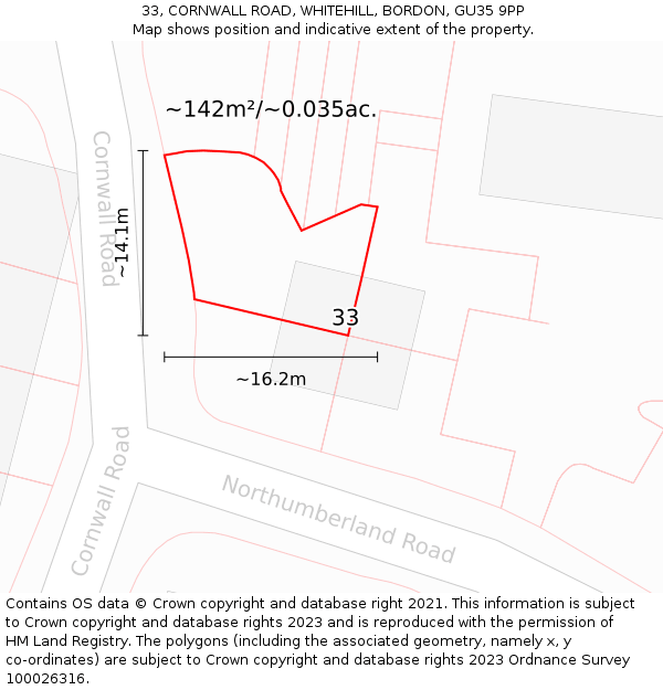 33, CORNWALL ROAD, WHITEHILL, BORDON, GU35 9PP: Plot and title map
