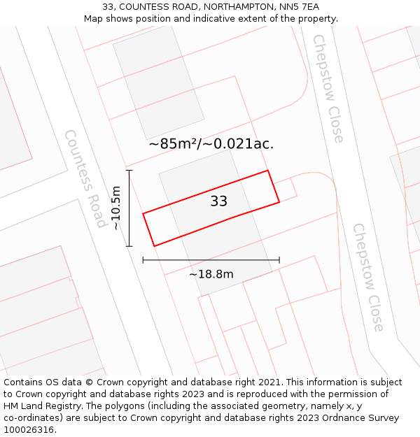 33, COUNTESS ROAD, NORTHAMPTON, NN5 7EA: Plot and title map