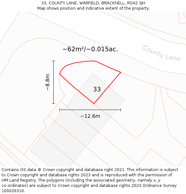 33, COUNTY LANE, WARFIELD, BRACKNELL, RG42 3JH: Plot and title map