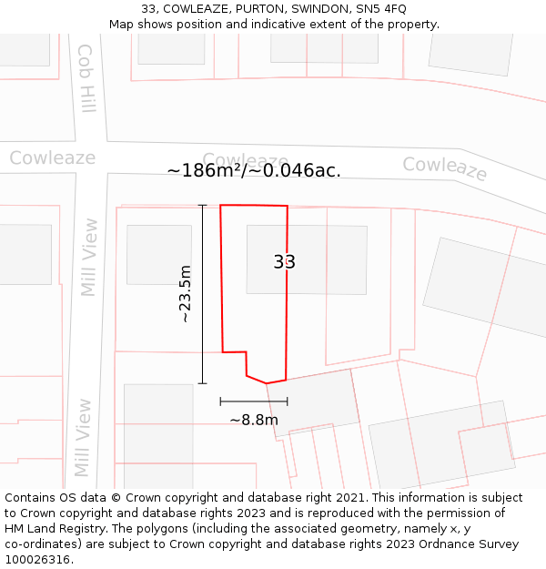 33, COWLEAZE, PURTON, SWINDON, SN5 4FQ: Plot and title map