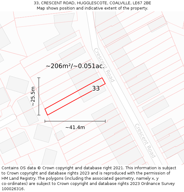 33, CRESCENT ROAD, HUGGLESCOTE, COALVILLE, LE67 2BE: Plot and title map