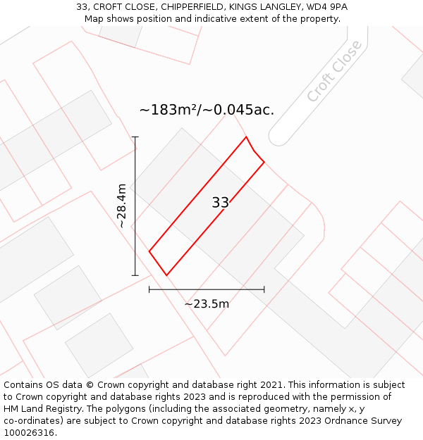 33, CROFT CLOSE, CHIPPERFIELD, KINGS LANGLEY, WD4 9PA: Plot and title map