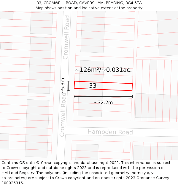 33, CROMWELL ROAD, CAVERSHAM, READING, RG4 5EA: Plot and title map