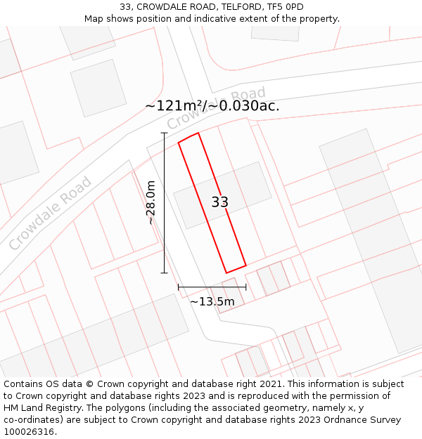 33, CROWDALE ROAD, TELFORD, TF5 0PD: Plot and title map