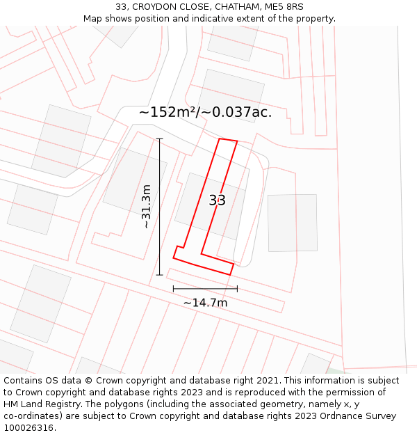 33, CROYDON CLOSE, CHATHAM, ME5 8RS: Plot and title map