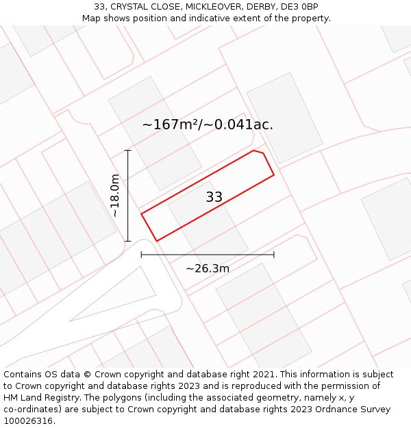 33, CRYSTAL CLOSE, MICKLEOVER, DERBY, DE3 0BP: Plot and title map