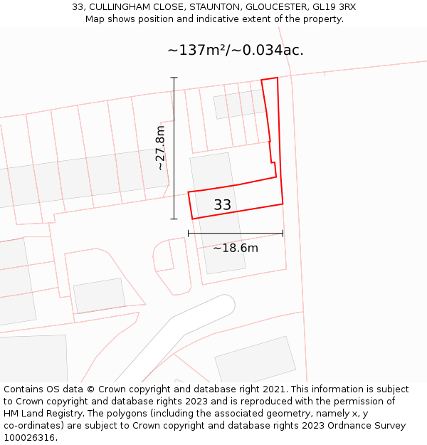 33, CULLINGHAM CLOSE, STAUNTON, GLOUCESTER, GL19 3RX: Plot and title map
