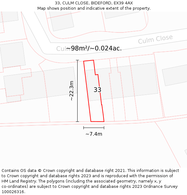 33, CULM CLOSE, BIDEFORD, EX39 4AX: Plot and title map
