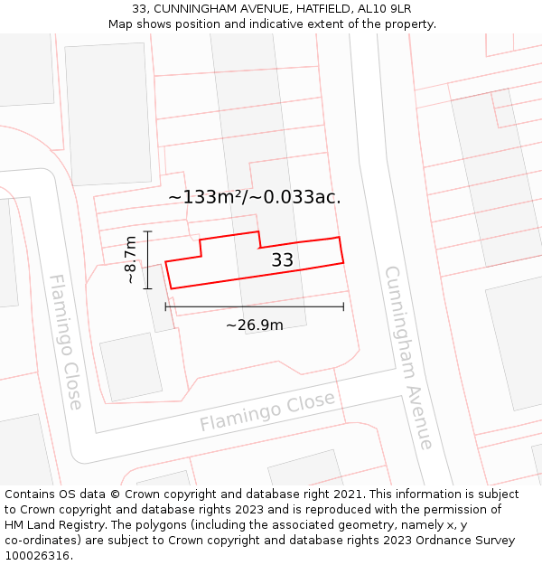 33, CUNNINGHAM AVENUE, HATFIELD, AL10 9LR: Plot and title map