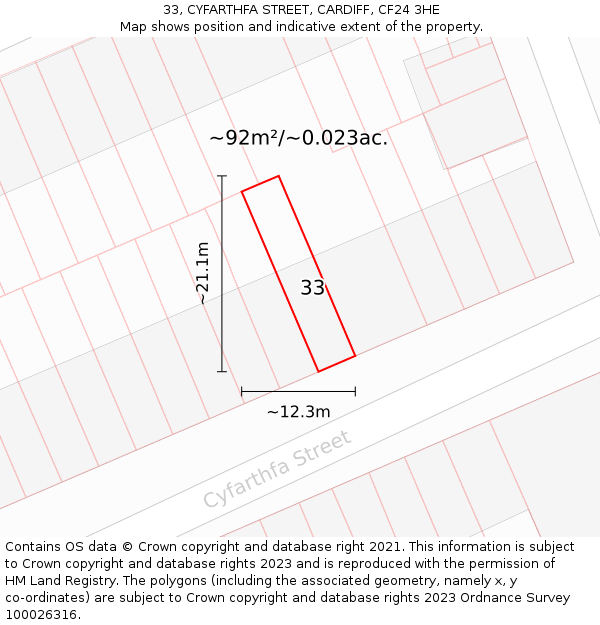 33, CYFARTHFA STREET, CARDIFF, CF24 3HE: Plot and title map