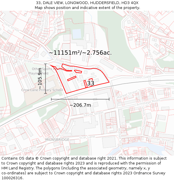 33, DALE VIEW, LONGWOOD, HUDDERSFIELD, HD3 4QX: Plot and title map