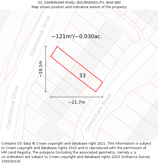 33, DAMERHAM ROAD, BOURNEMOUTH, BH8 0BX: Plot and title map