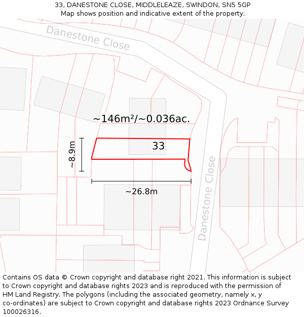 33, DANESTONE CLOSE, MIDDLELEAZE, SWINDON, SN5 5GP: Plot and title map
