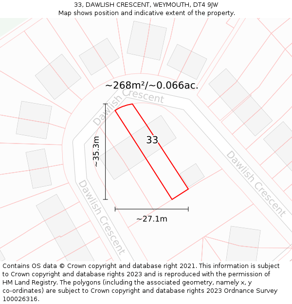 33, DAWLISH CRESCENT, WEYMOUTH, DT4 9JW: Plot and title map