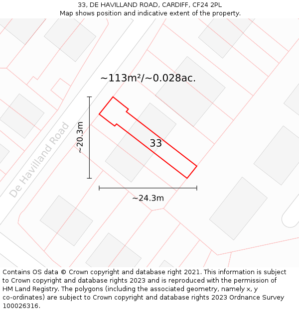 33, DE HAVILLAND ROAD, CARDIFF, CF24 2PL: Plot and title map