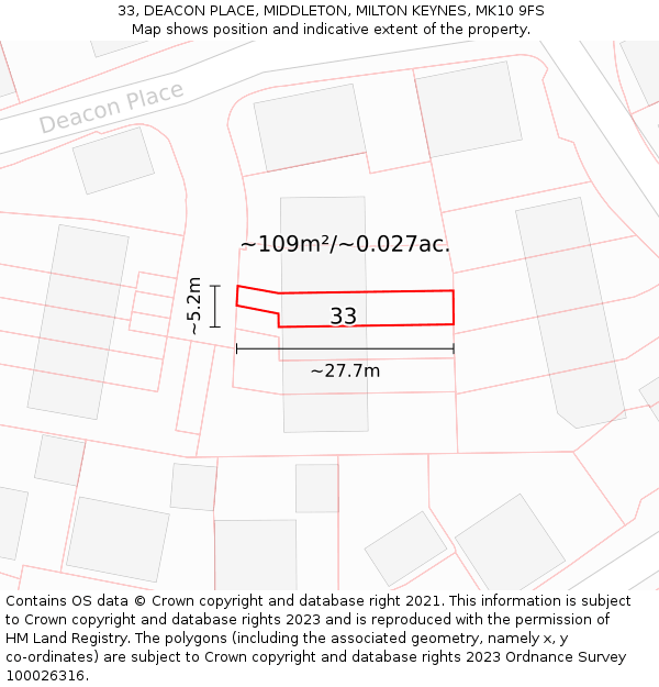 33, DEACON PLACE, MIDDLETON, MILTON KEYNES, MK10 9FS: Plot and title map