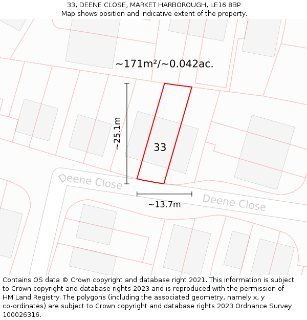 33, DEENE CLOSE, MARKET HARBOROUGH, LE16 8BP: Plot and title map