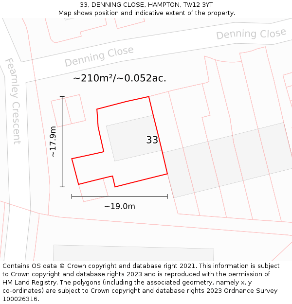 33, DENNING CLOSE, HAMPTON, TW12 3YT: Plot and title map