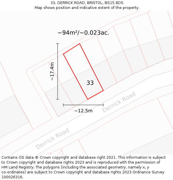 33, DERRICK ROAD, BRISTOL, BS15 8DS: Plot and title map