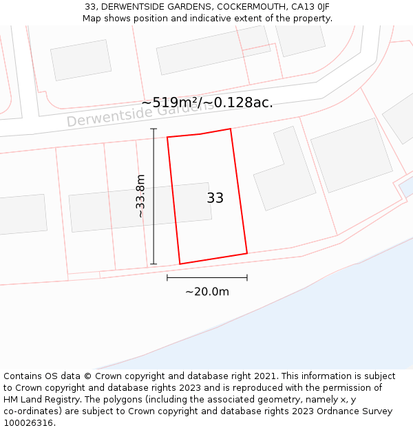 33, DERWENTSIDE GARDENS, COCKERMOUTH, CA13 0JF: Plot and title map