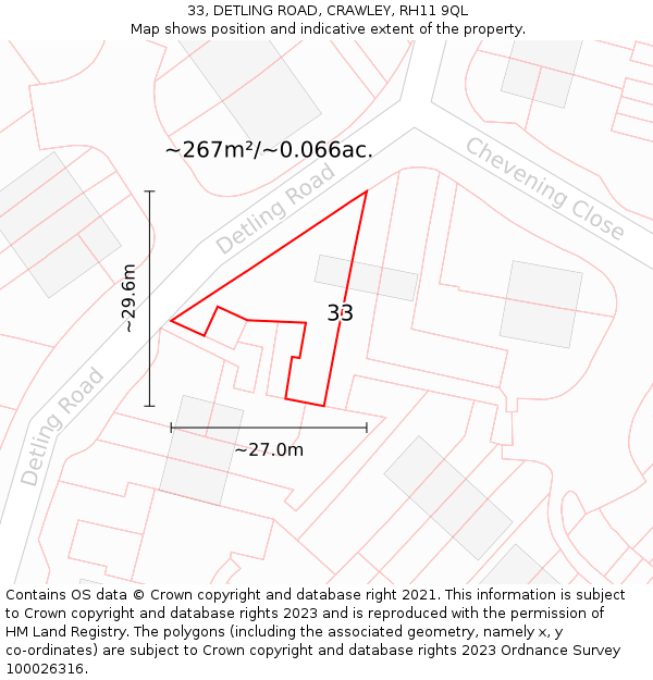 33, DETLING ROAD, CRAWLEY, RH11 9QL: Plot and title map