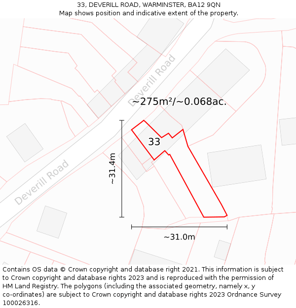 33, DEVERILL ROAD, WARMINSTER, BA12 9QN: Plot and title map
