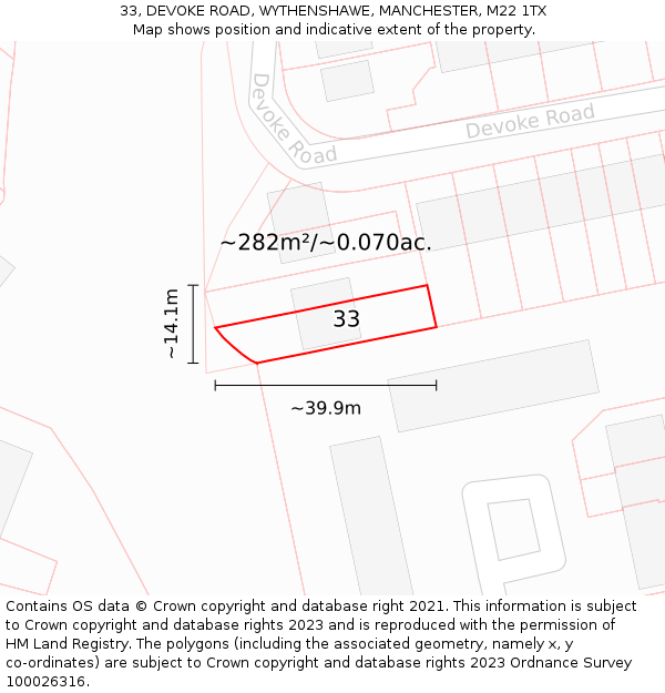 33, DEVOKE ROAD, WYTHENSHAWE, MANCHESTER, M22 1TX: Plot and title map