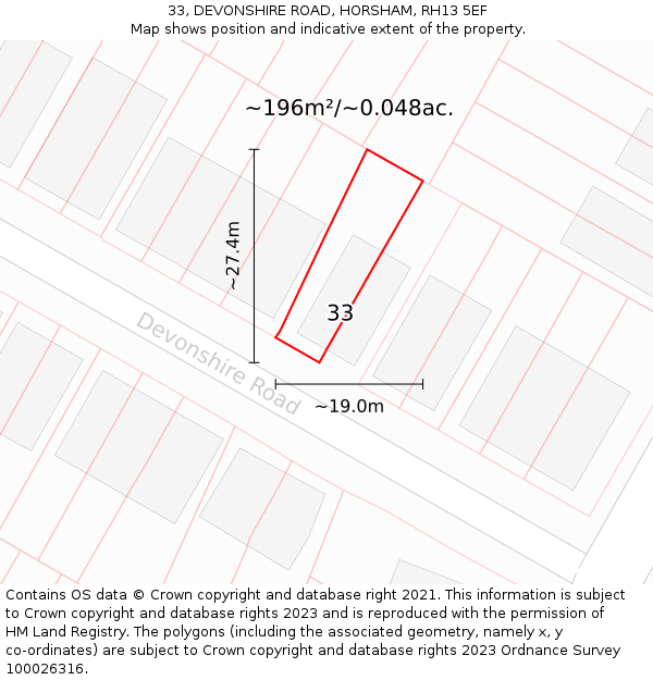 33, DEVONSHIRE ROAD, HORSHAM, RH13 5EF: Plot and title map