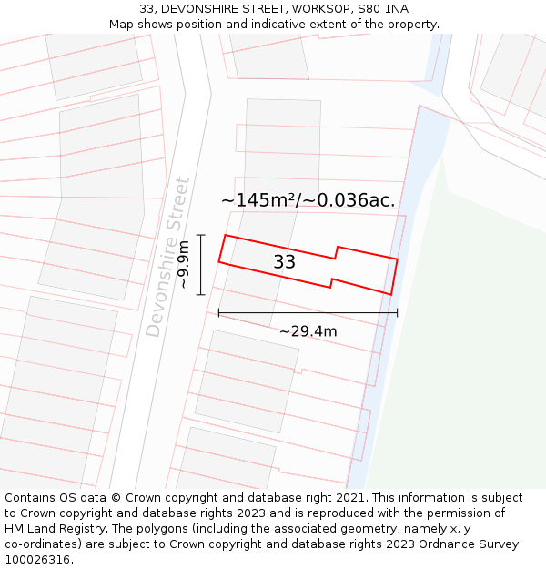 33, DEVONSHIRE STREET, WORKSOP, S80 1NA: Plot and title map