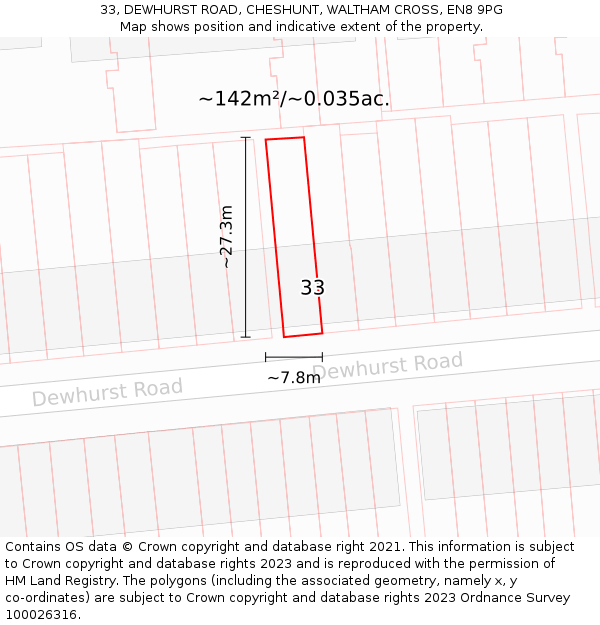 33, DEWHURST ROAD, CHESHUNT, WALTHAM CROSS, EN8 9PG: Plot and title map