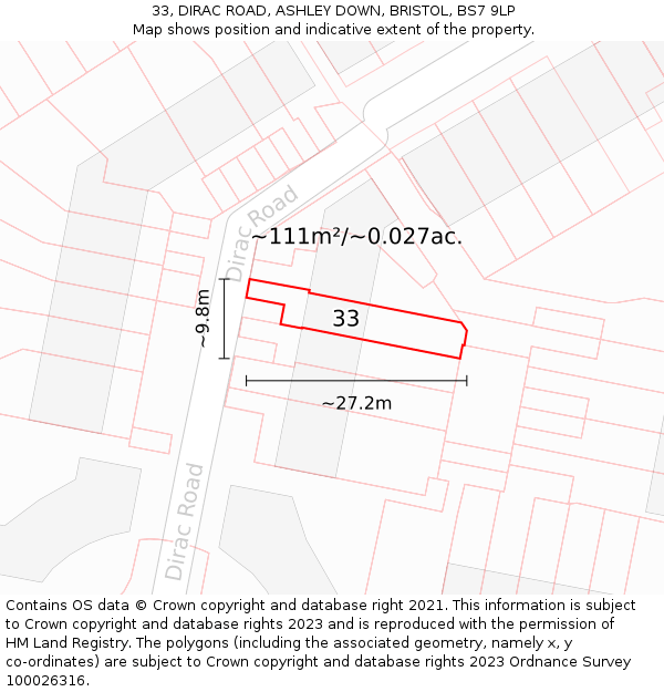 33, DIRAC ROAD, ASHLEY DOWN, BRISTOL, BS7 9LP: Plot and title map