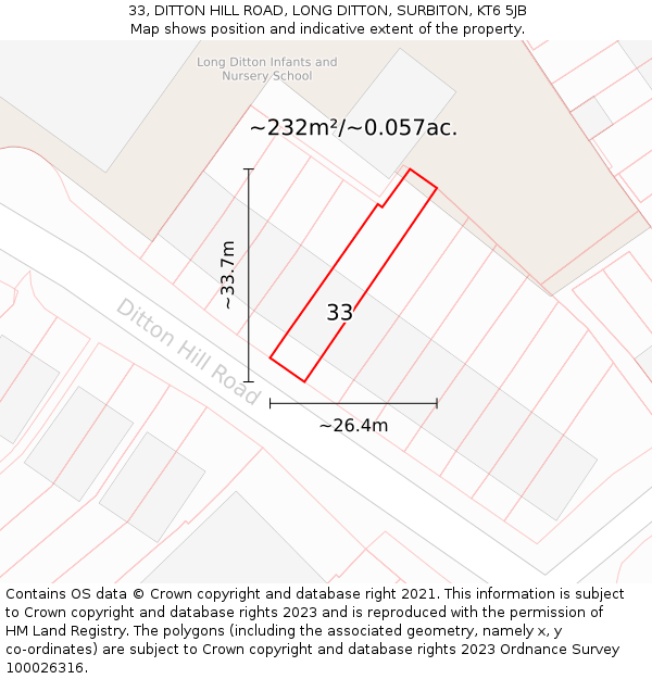 33, DITTON HILL ROAD, LONG DITTON, SURBITON, KT6 5JB: Plot and title map