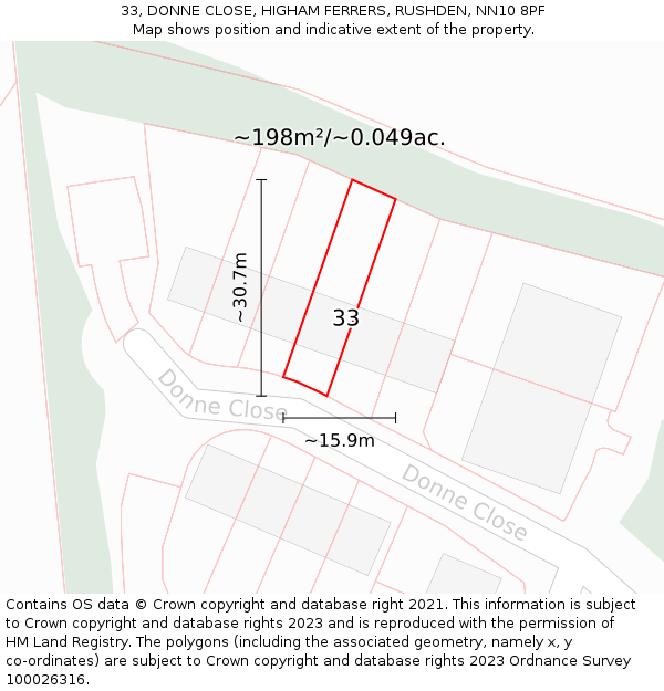 33, DONNE CLOSE, HIGHAM FERRERS, RUSHDEN, NN10 8PF: Plot and title map