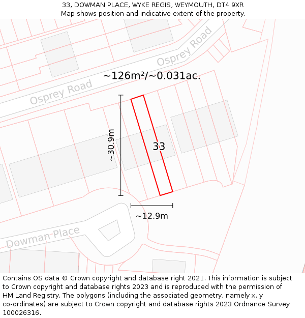 33, DOWMAN PLACE, WYKE REGIS, WEYMOUTH, DT4 9XR: Plot and title map