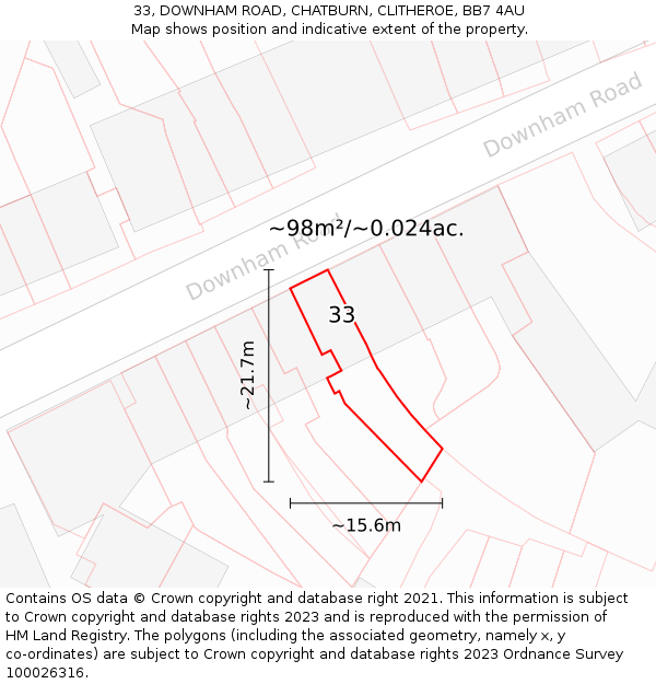 33, DOWNHAM ROAD, CHATBURN, CLITHEROE, BB7 4AU: Plot and title map