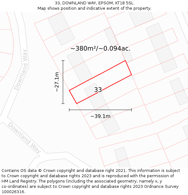 33, DOWNLAND WAY, EPSOM, KT18 5SL: Plot and title map