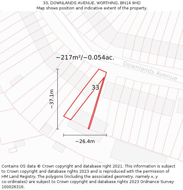 33, DOWNLANDS AVENUE, WORTHING, BN14 9HD: Plot and title map