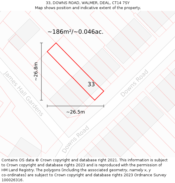 33, DOWNS ROAD, WALMER, DEAL, CT14 7SY: Plot and title map