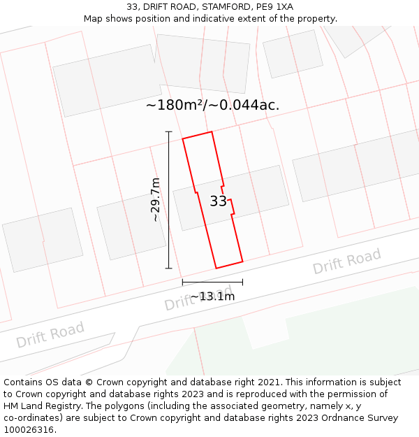 33, DRIFT ROAD, STAMFORD, PE9 1XA: Plot and title map