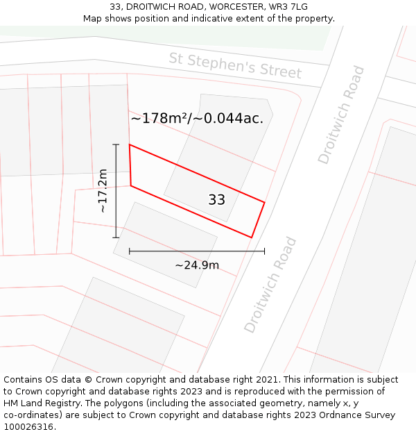 33, DROITWICH ROAD, WORCESTER, WR3 7LG: Plot and title map